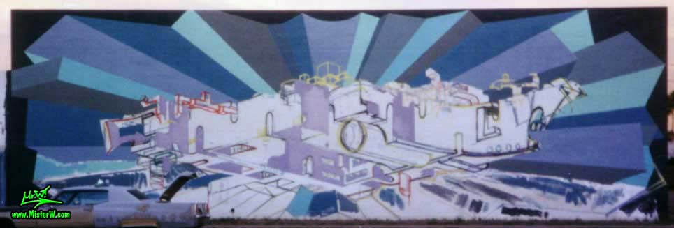 Photo of a graffiti mural painting by artist & muralist Werner "Mr.W" Skolimowski in progress, at a wall in Phoenix, Arizona in 1999. Big Graffiti Mural Painting By Werner "Mr.W" Skolimowski In Progress