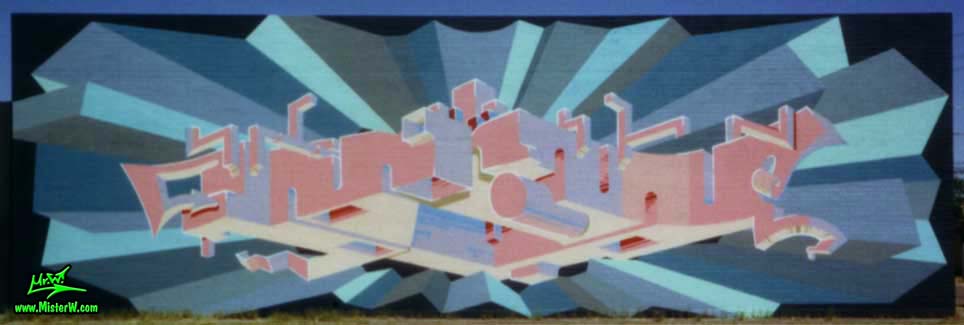 Photo of a almost finnished graffiti mural painting by artist & muralist Werner "Mr.W" Skolimowski in Phoenix, Arizona in 1999. Big Graffiti Mural Painting By Werner Skolimowski Almost Finnished