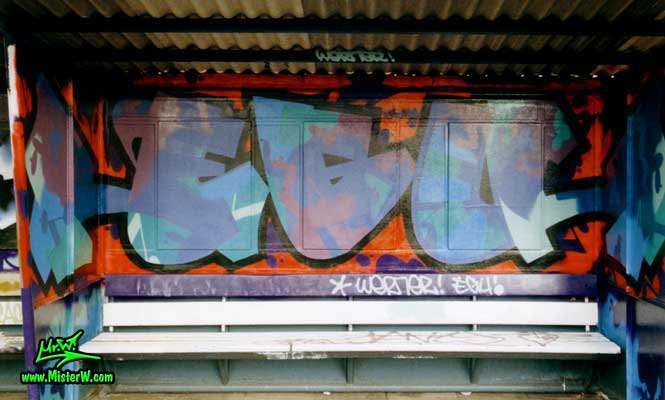 Photo of a E.G.U. graffiti art painting by Werner "Mr.W" Skolimowski at the train station in Hamburg-Langenfelde, Germany, 1988. E.G.U. Graffiti In Hamburg, Germany