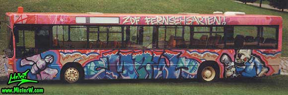 Photo of a graffiti art bus painted live during the TV Show ZDF Fernsehgarten by Werner "Mr.W" Skolimowski in Mainz, Germany, 1992. ZDF Fernsehgarten Graffiti Bus By Mr.W.