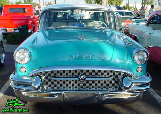 Photo of a turquoise 1955 Buick Stationwagon at the Scottsdale Pavilions Classic Car Show in Arizona. Turquoise 1955 Buick Stationwagon