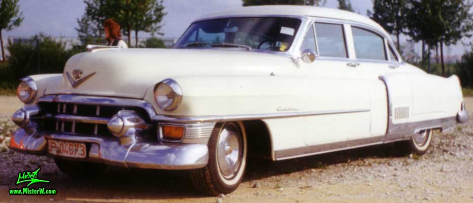 Photo of a white 1953 Cadillac Fleetwood Series Sixty Special Sedan 4 Door Hardtop at a classic car meeting in Germany. White 1953 Cadillac Fleetwood Sixty Special