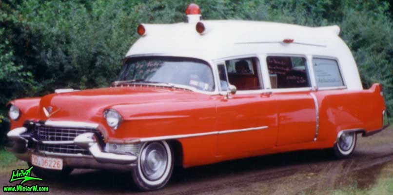 Photo of a red 1955 Cadillac Series 86 Commercial Chassis Ambulance at a classic car meeting in Germany. 1955 Cadillac Series 86 Commercial Chassis Ambulance