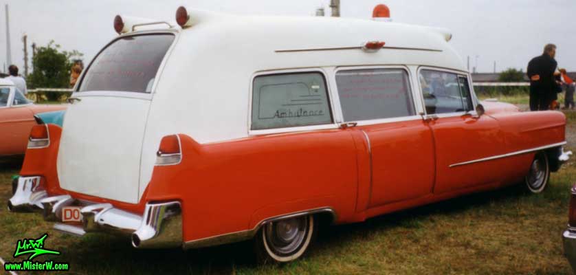 Photo of a red 1955 Cadillac Series 86 Commercial Chassis Ambulance at a classic car meeting in Germany. 1955 Caddy Ambulance