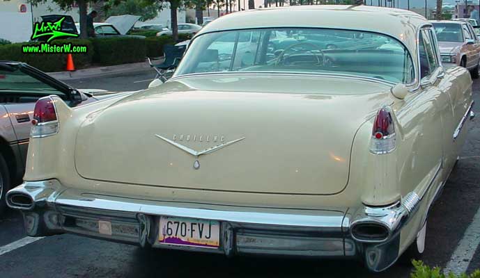 Photo of a jade 1956 Cadillac Sedan 4 Door Hardtop at the Scottsdale Pavilions Classic Car Show in Arizona. 1956 Cadillac Tail Fins & Chrome