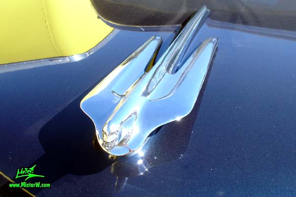 Photo of a dark blue 1956 Cadillac Fleetwood Series 75 Limousine at a Classic Car auction in Scottsdale, Arizona. Hood ornament of 56 Cadillac Fleetwood Series Seventy-Five Limo