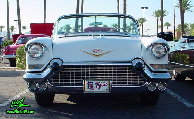 Photo of a white 1957 Cadillac Series 62 Convertible at the Scottsdale Pavilions Classic Car Show in Arizona. 1957 Caddy