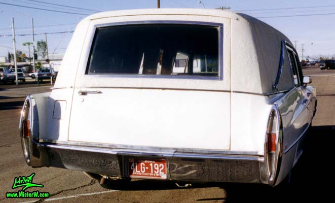 Photo of a white 1968 Cadillac Hearse in Mesa, Arizona. 1968 Cadillac Hearse Rearview