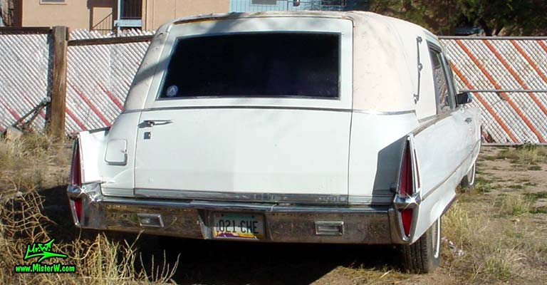 Photo of a white 1970 Cadillac Hearse in Tucson, Arizona. 1970 Cadillac Hearse Rearview
