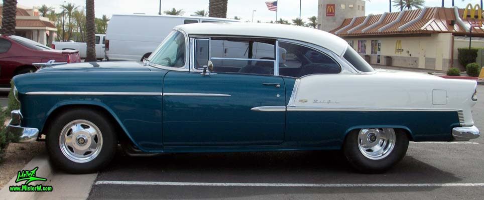 Photo of a blue & white 1955 Chevrolet Bel Air 2 Door Hardtop Coupe at the Scottsdale Pavilions Classic Car Show in Arizona. Beautifully Restored 1955 Chevrolet Bel Air Coupe