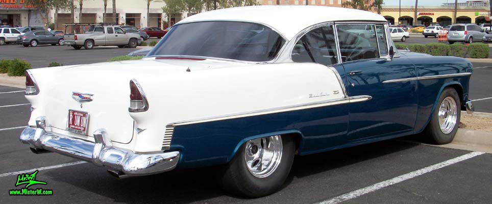 Photo of a blue & white 1955 Chevrolet Bel Air 2 Door Hardtop Coupe at the Scottsdale Pavilions Classic Car Show in Arizona. 55 Chevy Bel Air