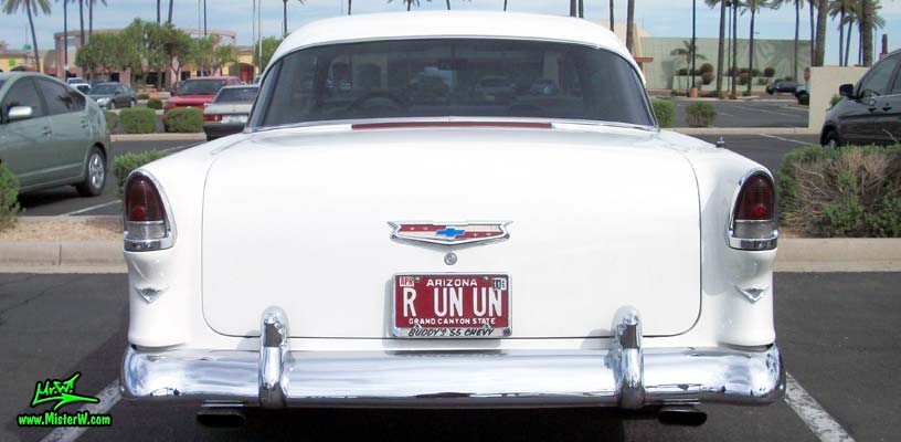 Photo of a blue & white 1955 Chevrolet Bel Air 2 Door Hardtop Coupe at the Scottsdale Pavilions Classic Car Show in Arizona. 1955 Chevrolet Bel Air Coupe Rearview
