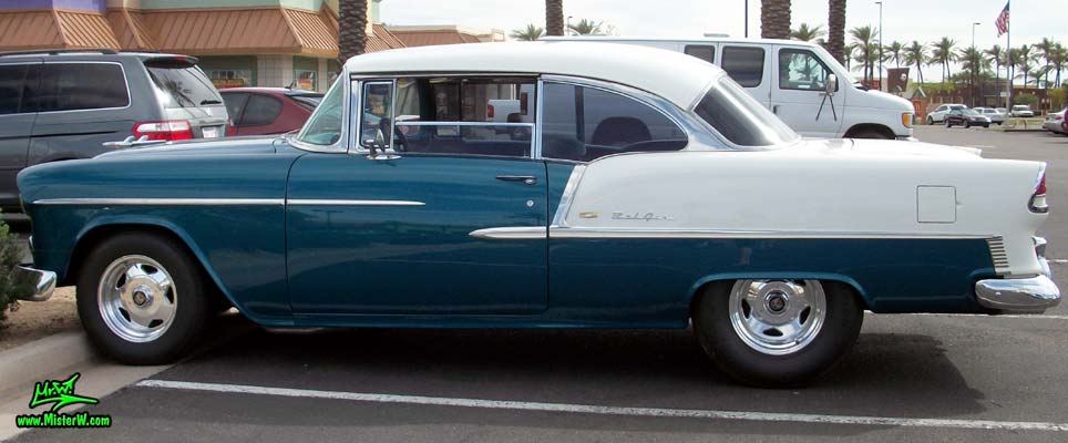 Photo of a blue & white 1955 Chevrolet Bel Air 2 Door Hardtop Coupe at the Scottsdale Pavilions Classic Car Show in Arizona. 1955 Chevrolet Bel Air Coupe Tailfin