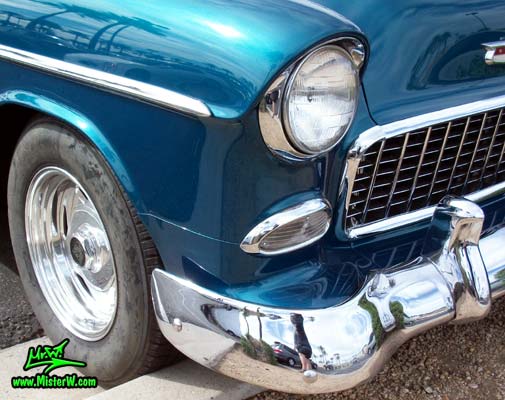 Photo of a blue & white 1955 Chevrolet Bel Air 2 Door Hardtop Coupe at the Scottsdale Pavilions Classic Car Show in Arizona. 1955 Chevrolet Bel Air Coupe Head Light & Blinker