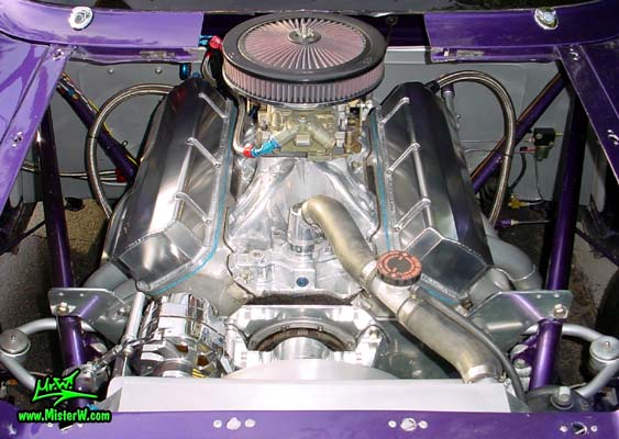 Photo of a purple 1957 Chevrolet 2 Door Hardtop Coupe Dragster Race Car at the Scottsdale Pavilions Classic Car Show in Arizona. 1957 Chevrolet Coupe Funny Race Car Engine / Motor Bay
