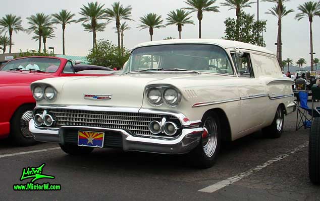 Photo of a white 1958 Chevrolet Delray Sedan Delivery 2 Door Station Wagon at the Scottsdale Pavilions Classic Car Show in Arizona. 1958 Chevrolet Delray Sedan Delivery