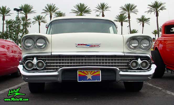Photo of a white 1958 Chevrolet Delray Sedan Delivery 2 Door Station Wagon at the Scottsdale Pavilions Classic Car Show in Arizona. 1958 Chevrolet Grill