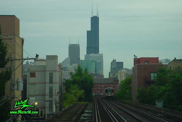 Photo of the Sears Tower, taken from a subway train close the Sedgwick Station in summer 2004 Sears Tower & Chicago Subway Line