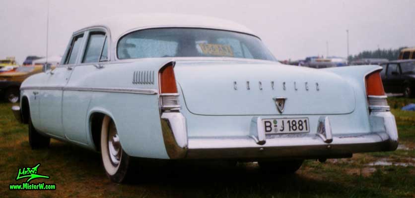 Photo of a blue 1956 Chrysler New Yorker 4 Door Hardtop Sedan at a classic car meeting in Germany. 1956 Chrysler New Yorker Rearview