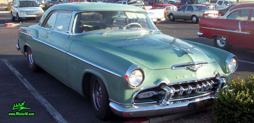 Photo of a turquoise 1955 Chrysler DeSoto Firedome 2 Door Hardtop Coupe at the Scottsdale Pavilions Classic Car Show in Arizona. 55 DeSoto Firedome