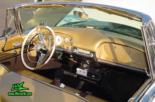 Photo of a white & gold 1956 Chrysler DeSoto Convertible at the Scottsdale Pavilions Classic Car Show in Arizona. Dash Board & Interior of a 1956 DeSoto Convertible