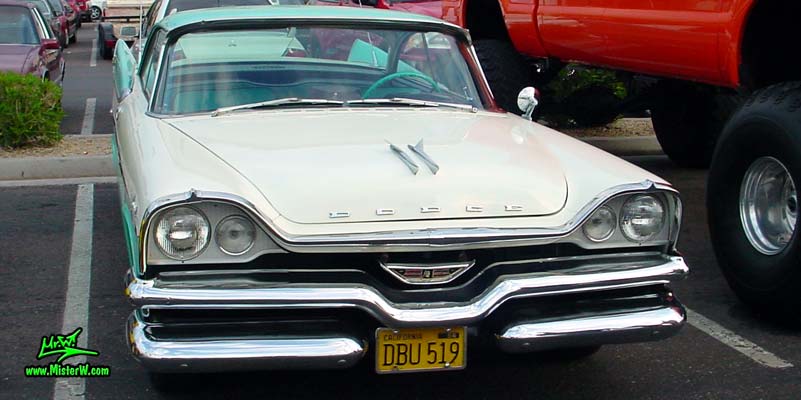 Photo of a white & turquoise 1957 Chrysler Dodge Coronet 2 Door Hardtop Coupe at the Scottsdale Pavilions Classic Car Show in Arizona. 1957 Dodge Coronet