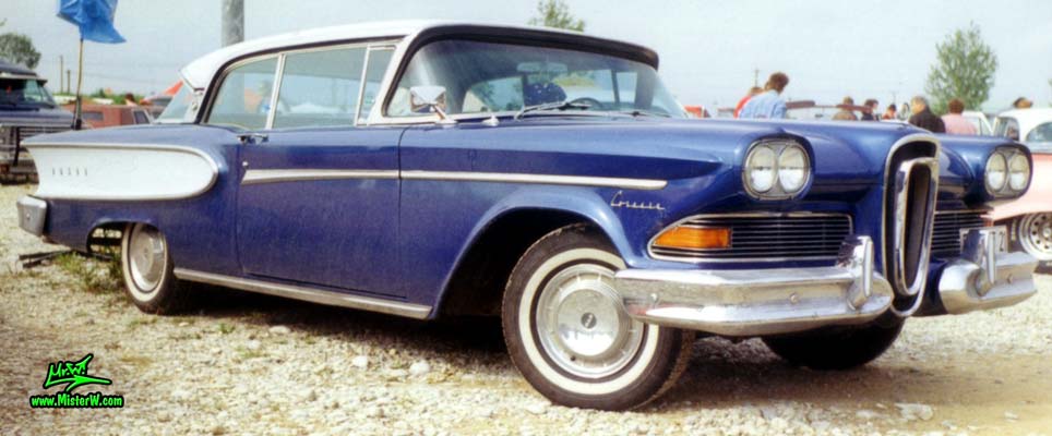 Photo of a blue & white 1958 Edsel Corsair 2 Door Hardtop Coupe at a Classic Car Meeting in Germany. 1958 Edsel Corsair Frontview
