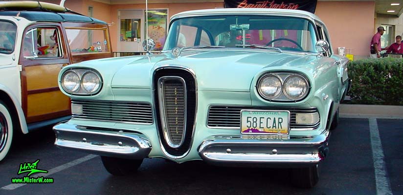 Photo of a turquoise & white 1958 Edsel Ranger 2 Door Sedan at the Scottsdale Pavilions Classic Car Show in Arizona. 1958 Edsel Ranger