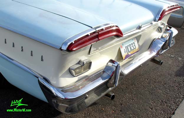 Photo of a turquoise & white 1958 Edsel Ranger 4 Door Sedan at the Scottsdale Pavilions Classic Car Show in Arizona. 1958 Edsel Tail Fins