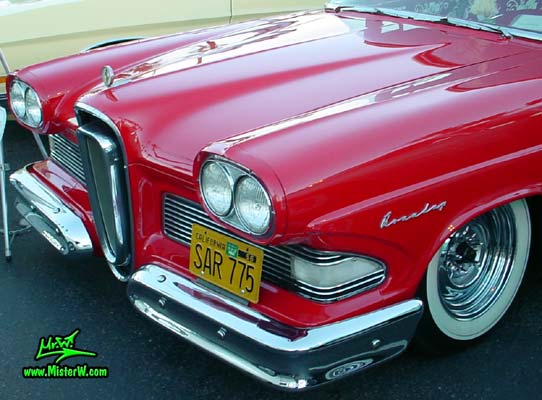 Photo of a red & white 1958 Edsel Roundup 2 Door Station Wagon at the Scottsdale Pavilions Classic Car Show in Arizona. 1958 Edsel Roundup Headlights