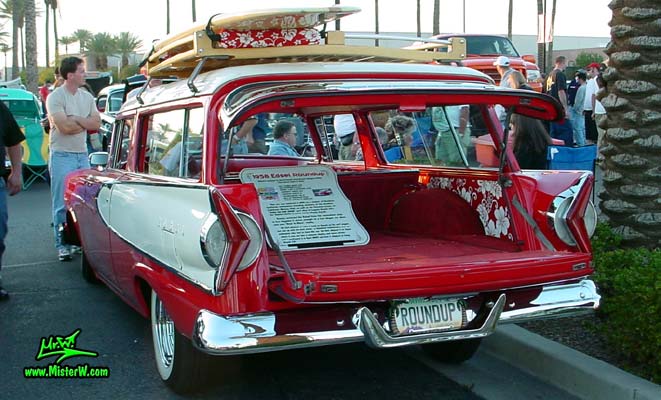 Photo of a red & white 1958 Edsel Roundup 2 Door Station Wagon at the Scottsdale Pavilions Classic Car Show in Arizona. 1958 Edsel Wagon with open Back Door