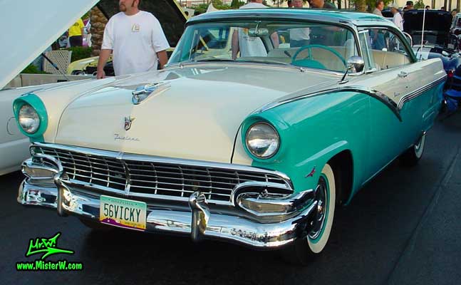 Photo of a white & turquoise 1956 Ford Fairlane 2 Door Hardtop Coupe at the Scottsdale Pavilions Classic Car Show in Arizona. Postless 56 Ford Fairline 2 Door Hardtop Coupe