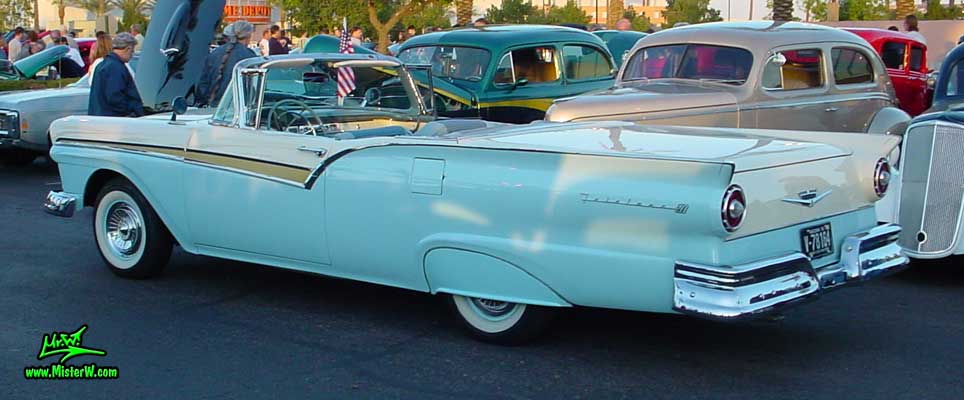Photo of a white & blue 1957 Ford Fairlane Retractable Hardtop / Convertible at the Scottsdale Pavilions Classic Car Show in Arizona. 1957 Ford Fairlane Retractable Hardtop