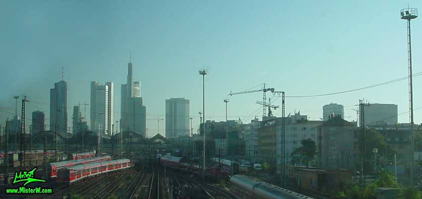 Photo of the Hauptbahnhof & the high rise skyscrapers in downtown Frankfurt, taken from a ICE train (Intercity Express) in summer 2003 Hauptbahnhof, Trains & skyscrapers in Frankfurt