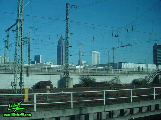 Photo of trainline in front of the MesseTurm in downtown Frankfurt, taken from a ICE train Train Line in Frankfurt am Main