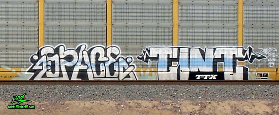 SPACE TINT Photo of a Tri-Level Closed Auto Rack with Space Tint Graffiti