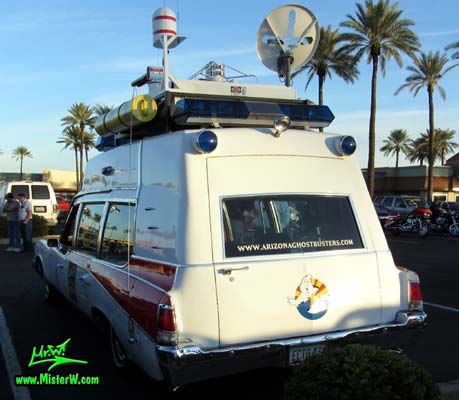 Photo of a red & white Pontiac Ambulance turned into ECTO-AZ the Arizona Ghostbusters Ectomobile at the Scottsdale Pavilions Classic Car Show in Arizona. Arizona Ghostbuster Ectomobile ECTO-AZ Rear Bumper & Taillights