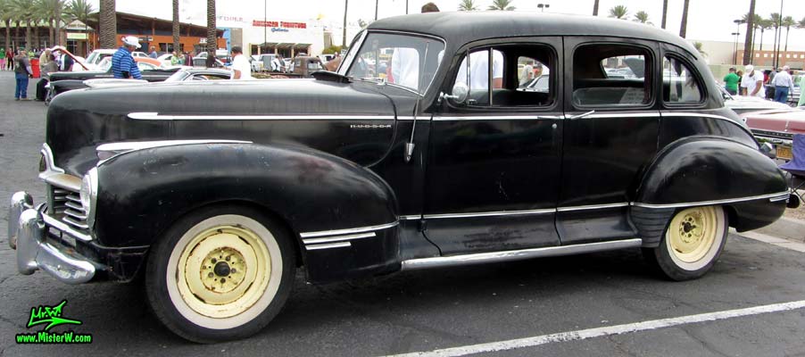 Photo of a black 1947 Hudson Super Six 4 Door Sedan at the Scottsdale Pavilions Classic Car Show in Arizona. 1947 Hudson Super Six Sedan