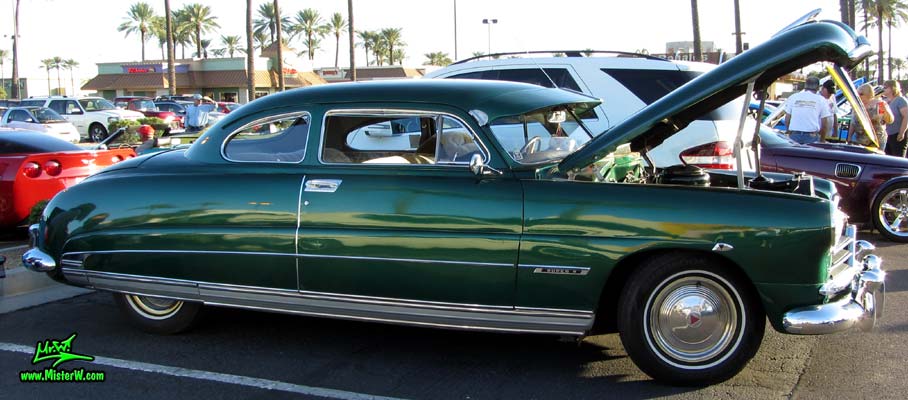Photo of a green 1950 Hudson Super 6 Hardtop Coupe at the Scottsdale Pavilions Classic Car Show in Arizona. 50 Hudson 2 Door
