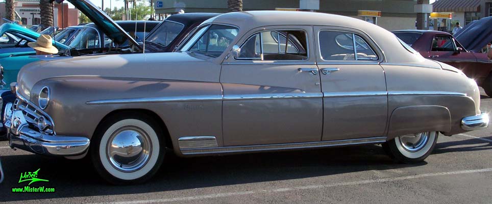 Photo of a tan 1949 Lincoln 9EL Series 4 door Sport Sedan with suicide doors at the Scottsdale Pavilions Classic Car Show in Arizona. 1949 Lincoln EL-Series