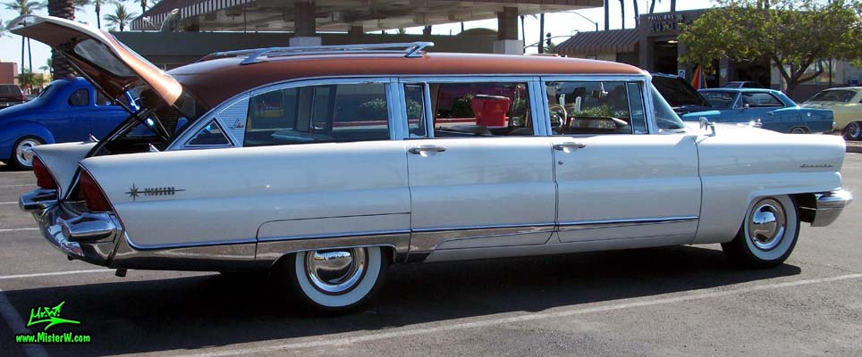 Photo of Phil Schaefer's Custom Built 1956 Lincoln Pioneere Station Wagon at the Scottsdale Pavilions Classic Car Show in Arizona. Side of the 1956 Lincoln Pioneere Station Wagon with open tailgate
