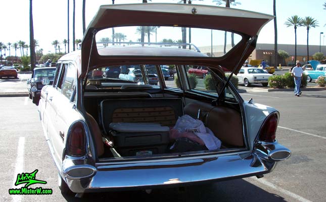 Photo of Phil Schaefer's Custom Built 1956 Lincoln Pioneere Station Wagon at the Scottsdale Pavilions Classic Car Show in Arizona. Back of the 1956 Lincoln Pioneere Station Wagon with open tailgate