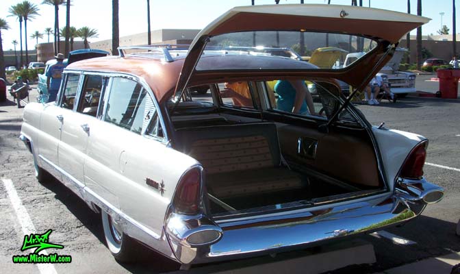 Photo of Phil Schaefer's Custom Built 1956 Lincoln Pioneere Station Wagon at the Scottsdale Pavilions Classic Car Show in Arizona. 1956 Lincoln Pioneere Station Wagon with open backdoor