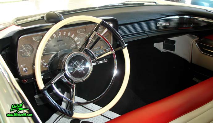 Photo of a white 1959 Lincoln Continental Mark IV convertible at a Classic Car Auction in Scottsdale, Arizona. Interior, dashboard & speedometer of a 1959 Lincoln Continental Mark IV Convertible