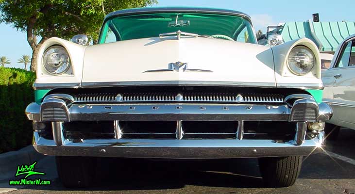 Photo of a white & turkquoise 1956 Mercury Monterey 4 Door Hardtop Sedan at the Scottsdale Pavilions Classic Car Show in Arizona. 1956 Mercury Monterey Sedan Frontview