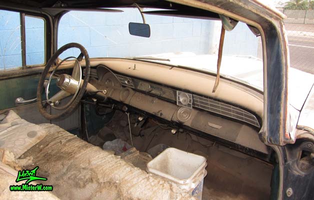 Photo of a grey primered 1956 Pontiac ambulance in Phoenix, Arizona. Interior & dash board of a 56 Pontiac Ambulance Wagon