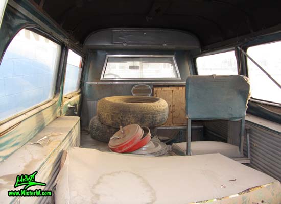 Photo of a grey primered 1956 Pontiac ambulance in Phoenix, Arizona. Interior in the back of a 56 Pontiac Ambulance Wagon