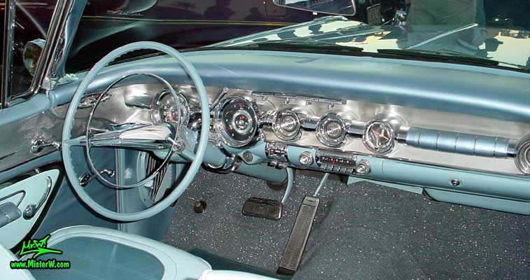 Photo of a blue 1958 Pontiac Bonneville 2 Door Convertible at the Scottsdale Pavilions Classic Car Show in Arizona. 1958 Bonneville Dashboard & Steering Column